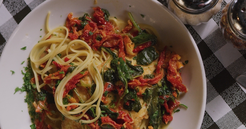 Pasta dish served, top view