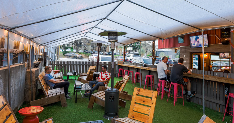 Exterior, guests chatting