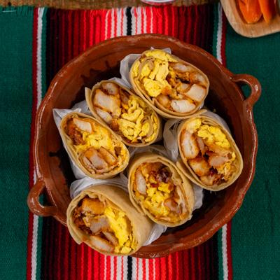Breakfast burrito tray, top view.