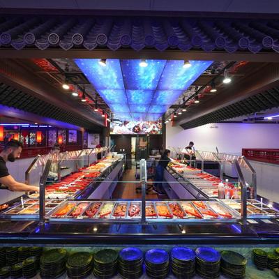 Serving containers in display cases.