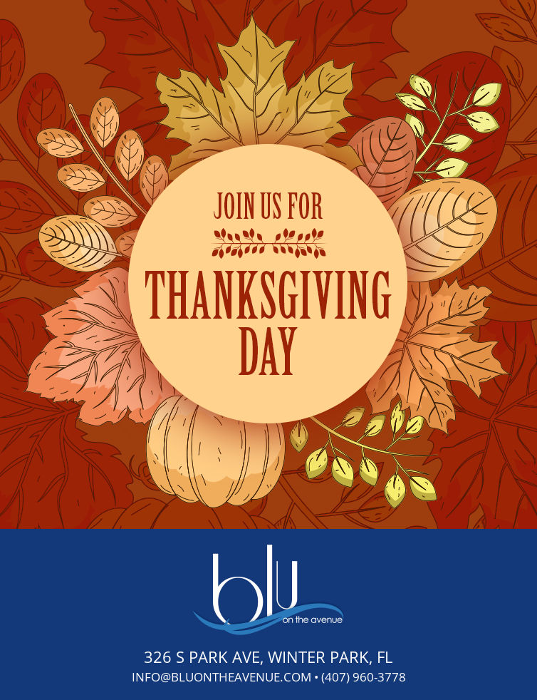 Join us for Thanksgiving flyer promoting dinner at blu on the avenue.  Fall leaves and pumpkins in the background