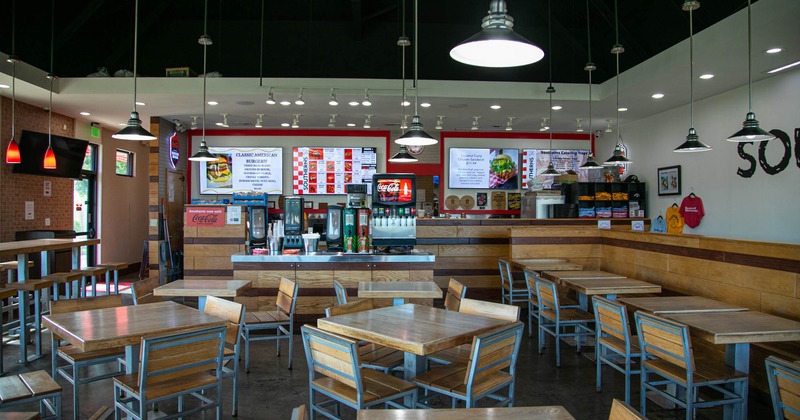 Interior, seating area with ordering counter in the back