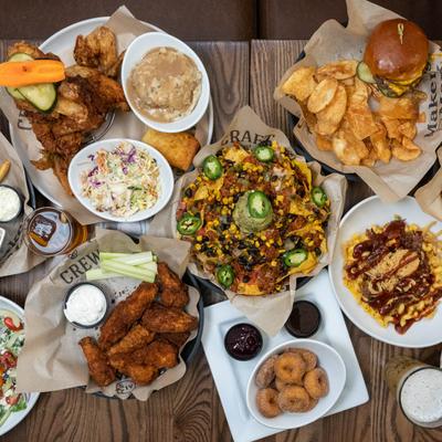 Assortment of dishes, top view.