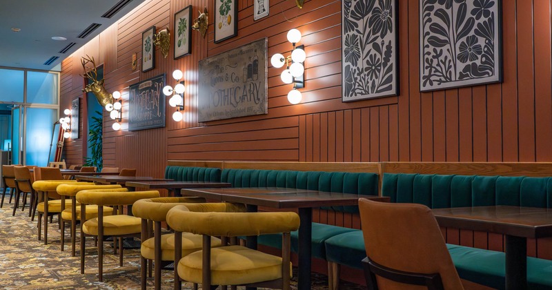 Interior, banquette seating beside the walls