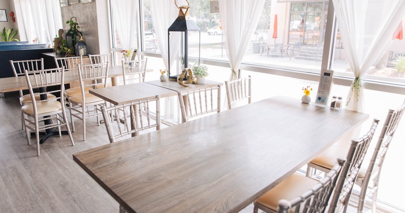 Interior, seating area beside windows