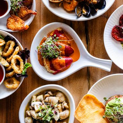 A top view of various dishes on the table.