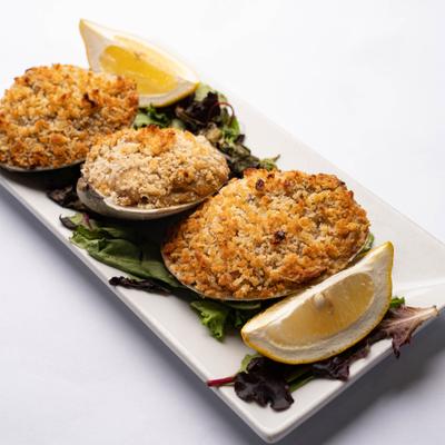 Baked Clams, with bacon and bread crumbs.