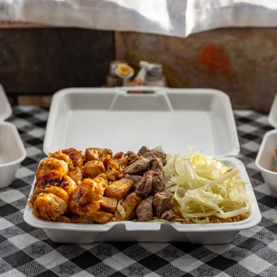 Hibachi Steak, Chicken, and Shrimp, with cabbage.