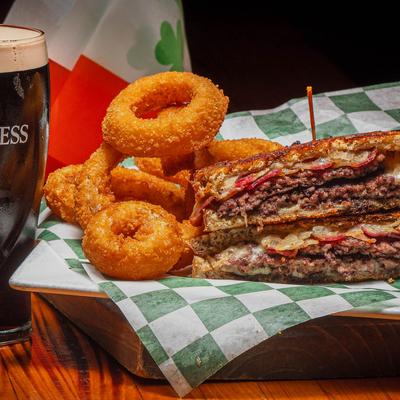 Rustic Reuben and onion rings.