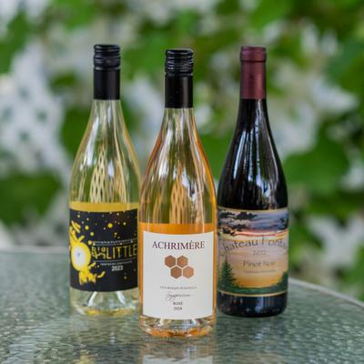 Three bottles of wine displayed on a outdoor table.