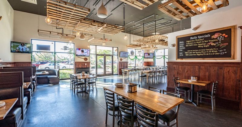 Interior, leather seating booth and a table