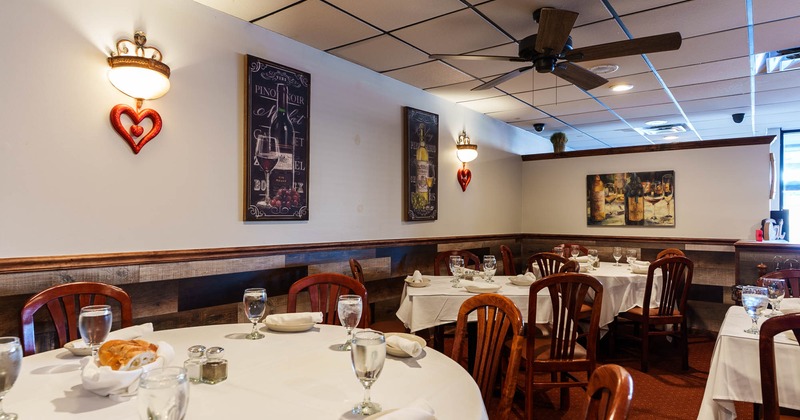Dining area with set tables ready for guests