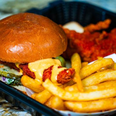 Served slider with fries.