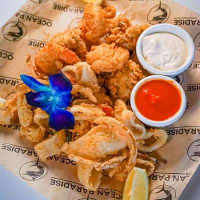 Fried calamari with dipping sauces.