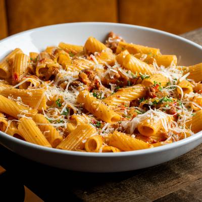 Spicy rigatoni pasta in vodka sauce, topped with Parmesan and herbs.
