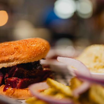 Chopped brisket sandwich, with BBQ sauce.
