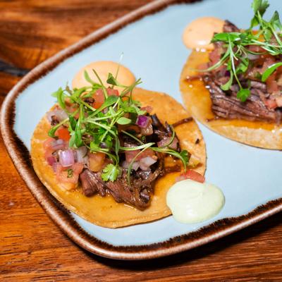 Mini tacos, with braised short rib.