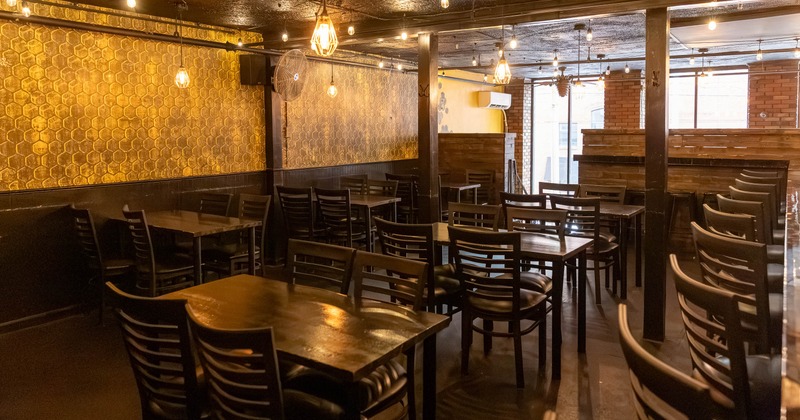 Interior, seating area with tables and chairs