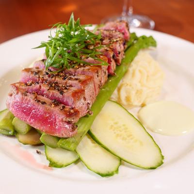 Seared Ahi Tuna, with mashed potatoes, cucumber, and asparagus.