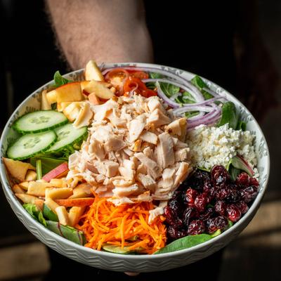 Cranberry salad bowl, angled view.