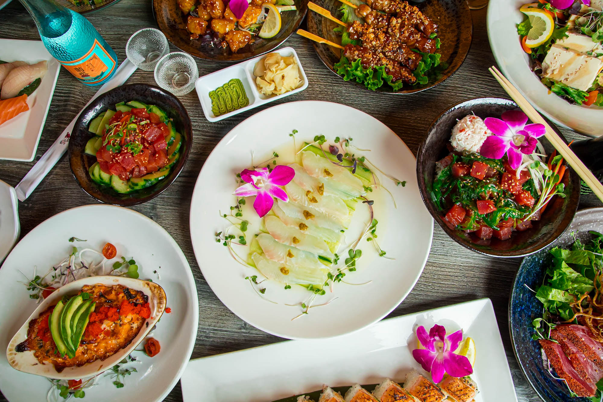 Assorted food plates, top down view