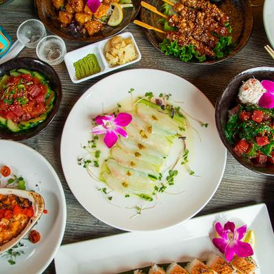 Assorted food plates, top down view.