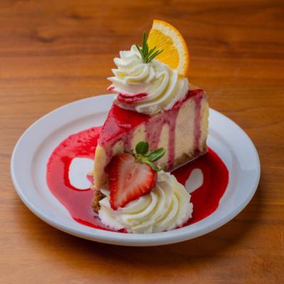 Strawberry Cheesecake served with sauce, whipped cream and fruit garnish.