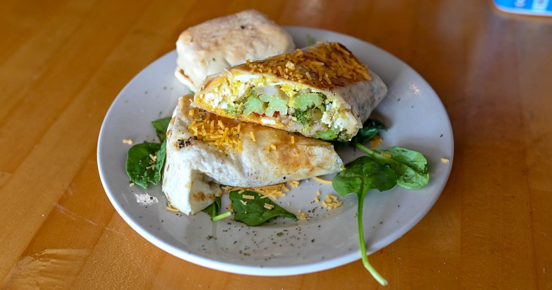 A served burrito, closeup
