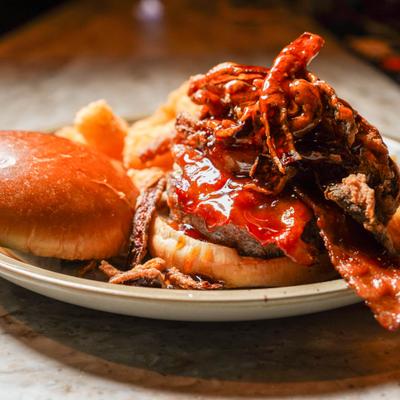 Sidetrack Whiskey Burger with bacon, bleu cheese and grilled pineapple.