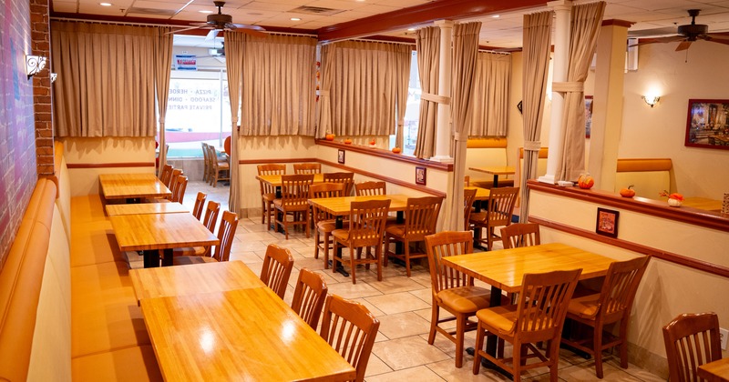 Interior, diner area, tables and chairs, wide view