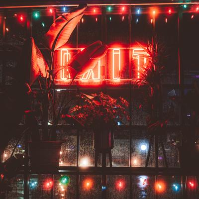 Interior, decorative plants with the TIKI neon sign in the background