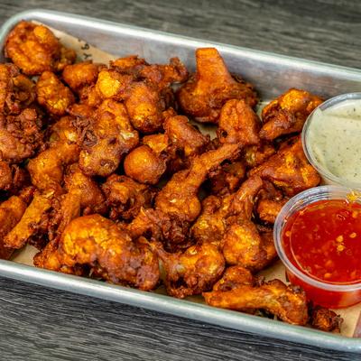 Cauliflower wings wide side sauces
