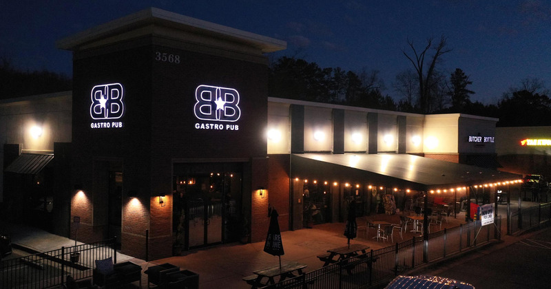 Exterior at night, view from the street