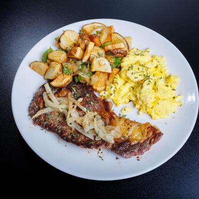 Creamy scrambled eggs, top view.