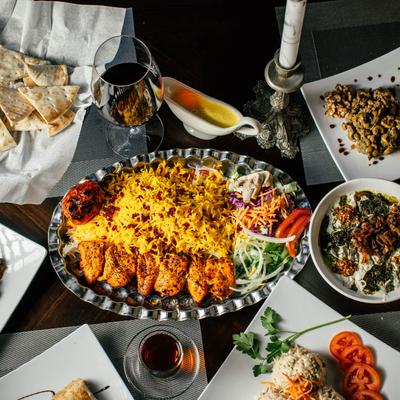 Assorted food and drinks.