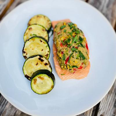 Stuffed salmon  with grilled zucchini