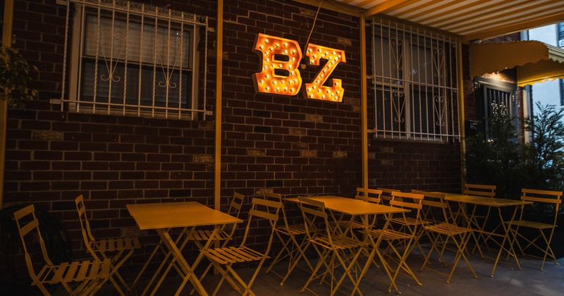 Seating place near logo on patio