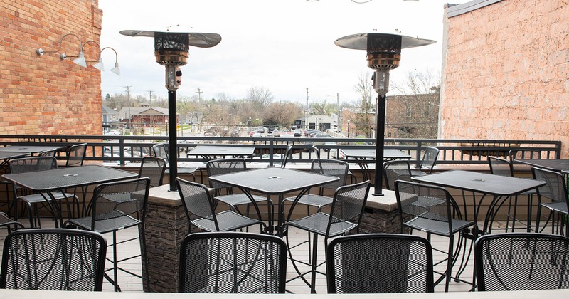 Exterior, patio tables and seating, lamp posts