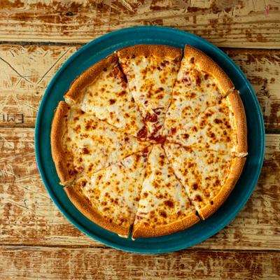 An overhead view of a cheese pizza.