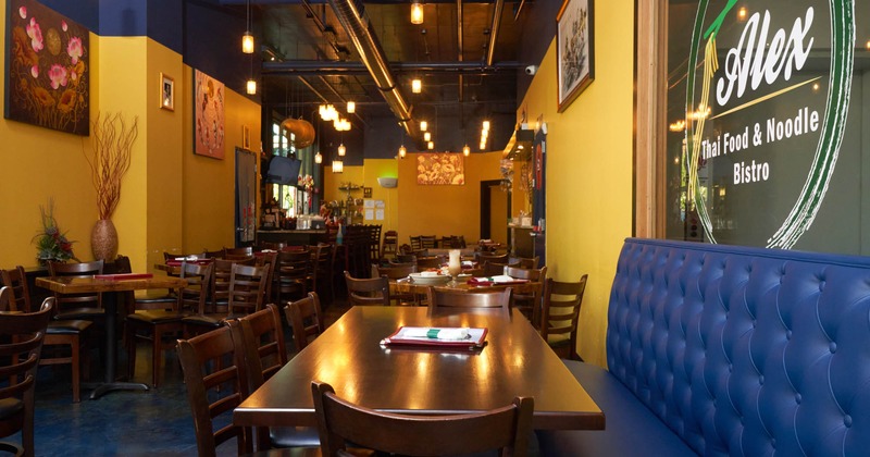 Seating area, tables, and booth