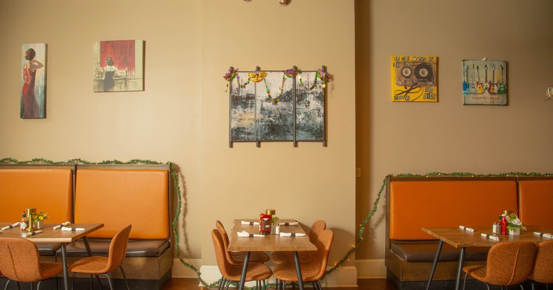 Interior, dining area with pictures on the wall