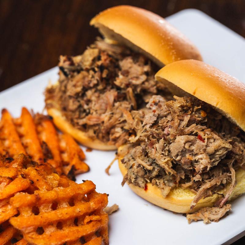 Chopped BBQ with Coleslaw Sweet Potato Waffle Fries photo