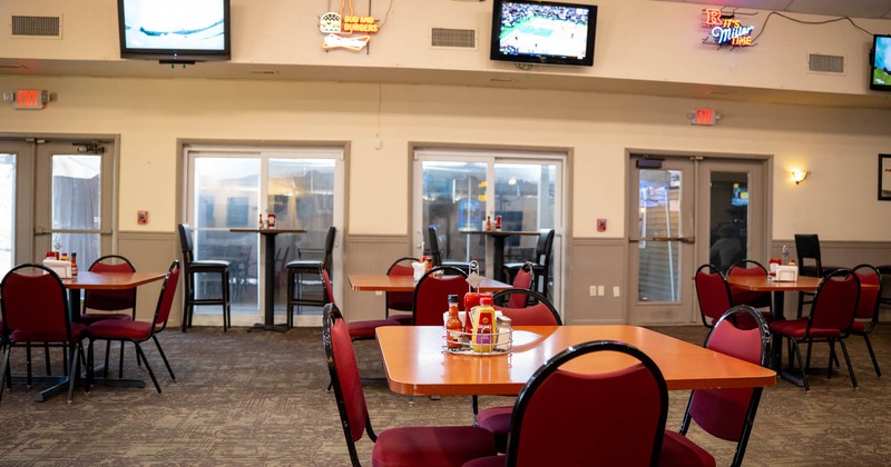 Interior dining space, TVs on the walls