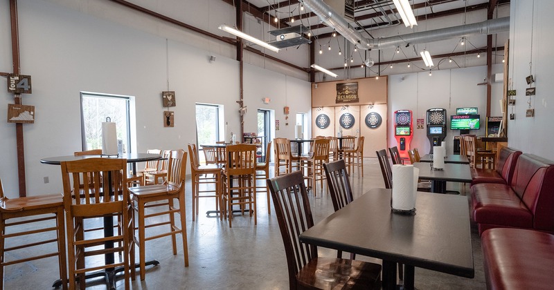 Interior, seating area with tables and chairs
