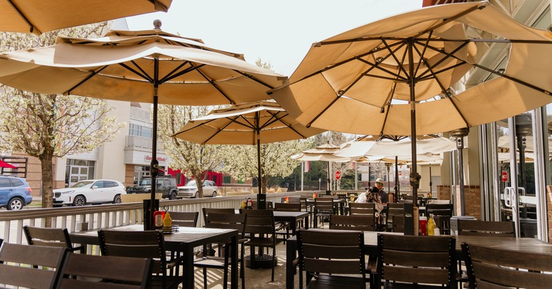 Patio area with sun umbrellas