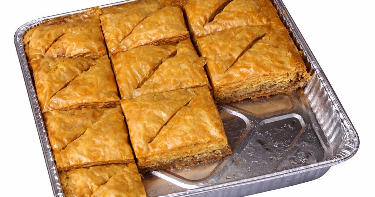 Baklava served in a metal container