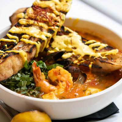 Seafood soup, with toasted crostini