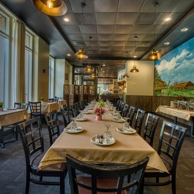 A very long dining table.