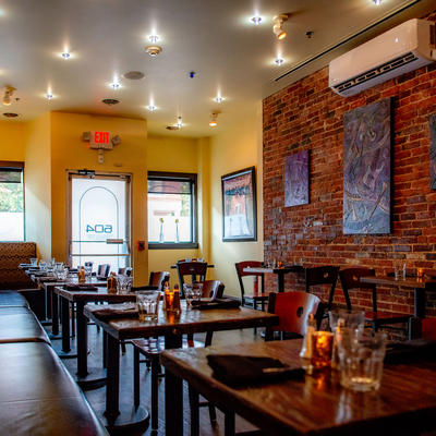 Interior, seating area, rows of tables and chairs