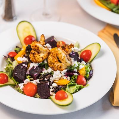 Roasted beet salad with Cajun shrimp.